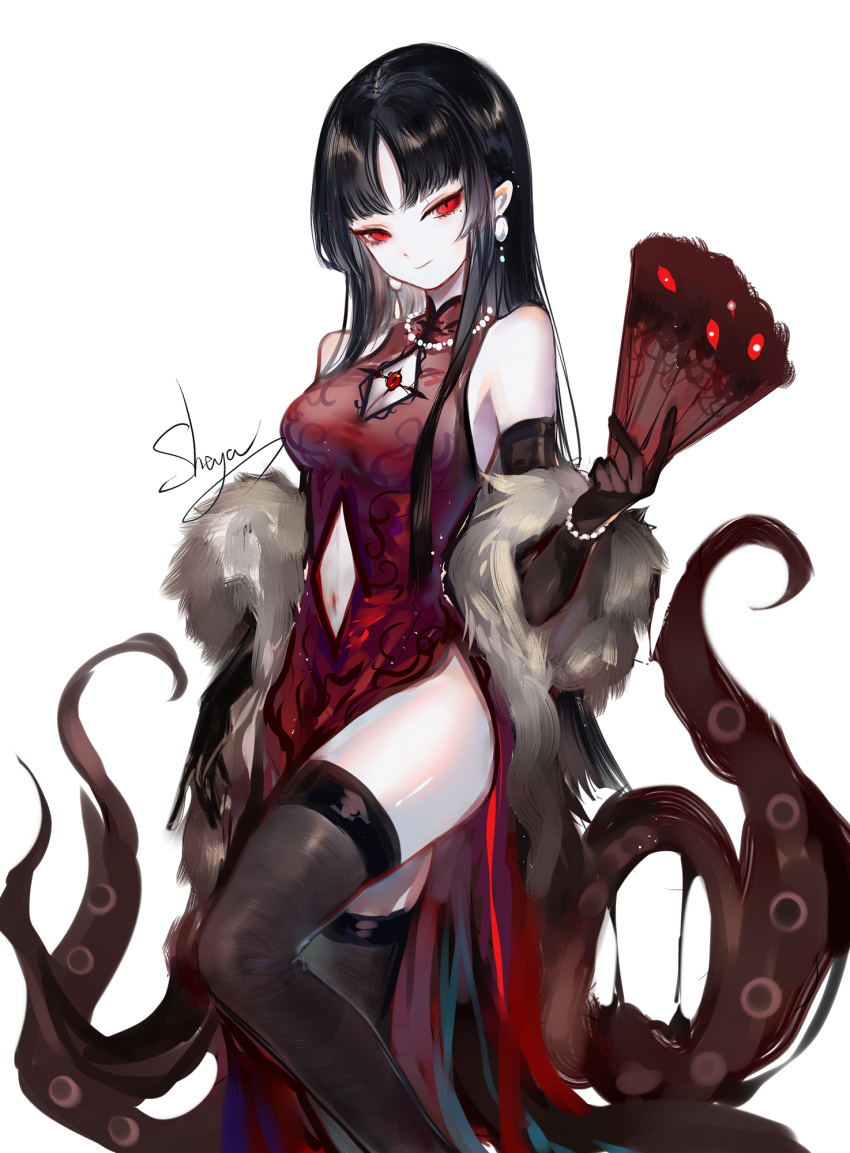 1girl artist_name black_gloves black_hair black_legwear breasts china_dress chinese_clothes clothing_cutout commentary dress earrings elbow_gloves feather_boa gloves highres holding jewelry long_hair looking_at_viewer medium_breasts navel navel_cutout original red_dress red_eyes sheya signature sleeveless sleeveless_dress smile solo tentacles thigh-highs thighs very_long_hair