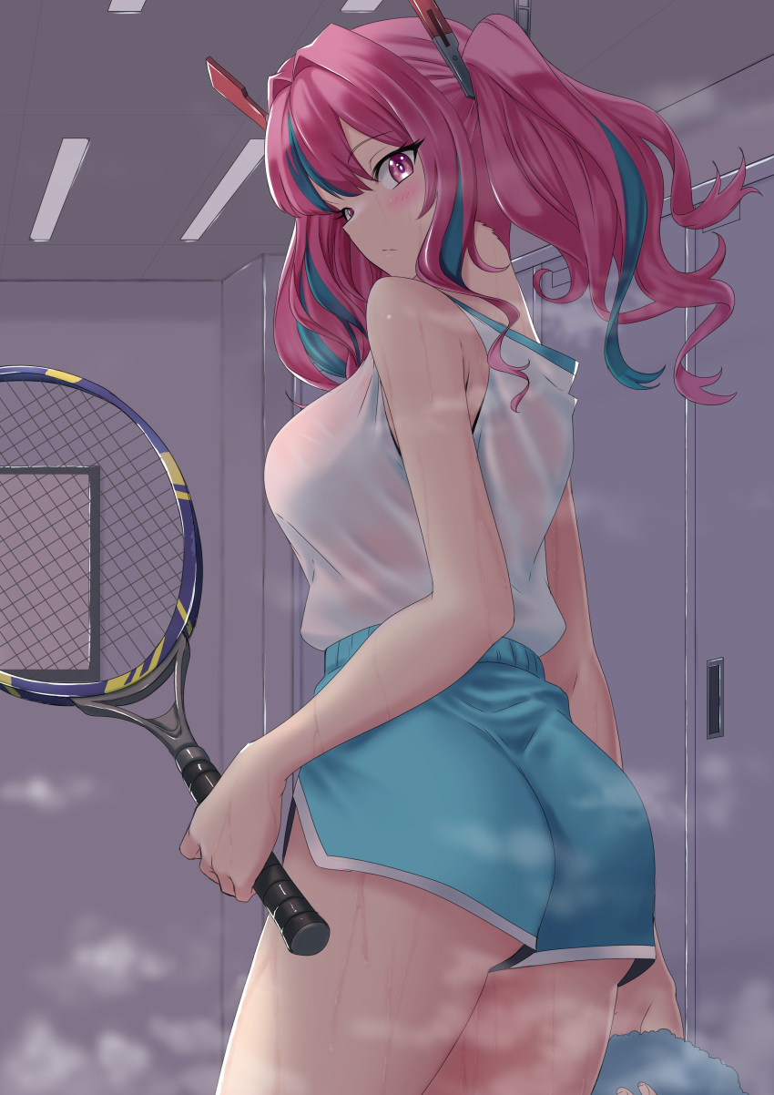 1girl absurdres ass azur_lane bangs bare_shoulders blush breasts bremerton_(azur_lane) closed_mouth commentary cowboy_shot dolphin_shorts eyebrows_visible_through_hair from_behind green_hair green_shorts hair_between_eyes hair_intakes hair_ornament highres holding holding_racket holding_towel indoors large_breasts locker locker_room long_hair looking_at_viewer multicolored_hair paradox pink_eyes pink_hair profile racket shirt shorts sidelocks sideways_mouth sleeveless sleeveless_shirt solo sportswear standing steam streaked_hair sweat tennis_racket tennis_uniform towel twintails two-tone_hair wet wet_clothes wet_shirt white_shirt