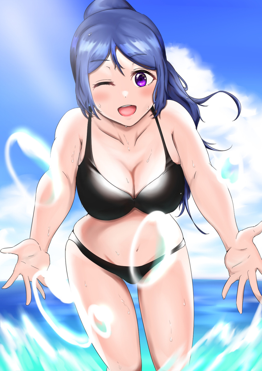 1girl bikini black_bikini blue_hair blue_sky breasts clouds collarbone cowboy_shot day eyebrows_visible_through_hair highres large_breasts leaning_forward long_hair looking_at_viewer love_live! love_live!_sunshine!! matsuura_kanan navel noichi513 ocean open_hands outstretched_arms ponytail sidelocks skindentation sky solo splashing sunlight swimsuit violet_eyes water water_drop wet