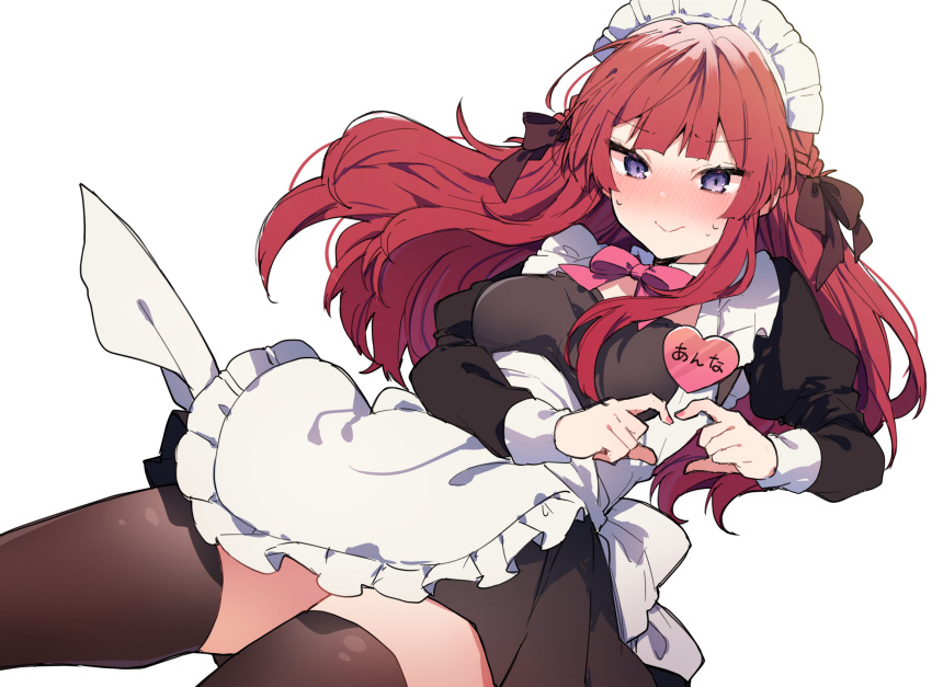 1girl bangs blunt_bangs blush bow bowtie breasts brown_legwear brown_ribbon closed_mouth commentary_request eyebrows_visible_through_hair hair_ribbon heart heart_hands highres ikeuchi_tanuma long_hair maid maid_headdress medium_breasts original pink_neckwear redhead ribbon simple_background solo thigh-highs thighs violet_eyes white_background