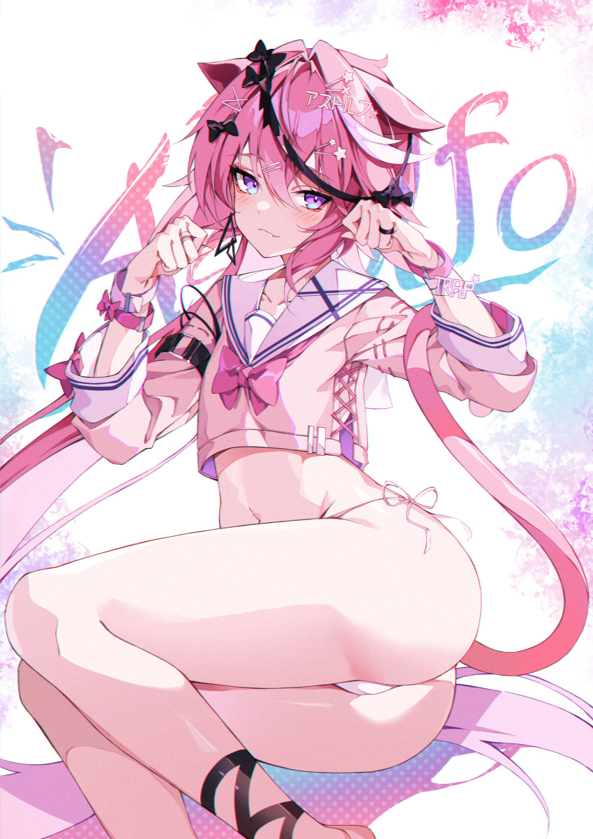 1boy absurdres animal_ears ass astolfo_(fate) bow bowtie cat_boy cat_ears cat_tail collarbone crop_top fang fate/grand_order fate_(series) groin hair_bow hands_up highres jewelry long_hair long_sleeves looking_at_viewer male_focus navel no_pants otoko_no_ko panties paw_pose pink_hair pink_shirt pink_theme ring sailor_collar sailor_shirt shirt side-tie_panties smile solo string_panties tail thighs underwear verslll very_long_hair violet_eyes wristband
