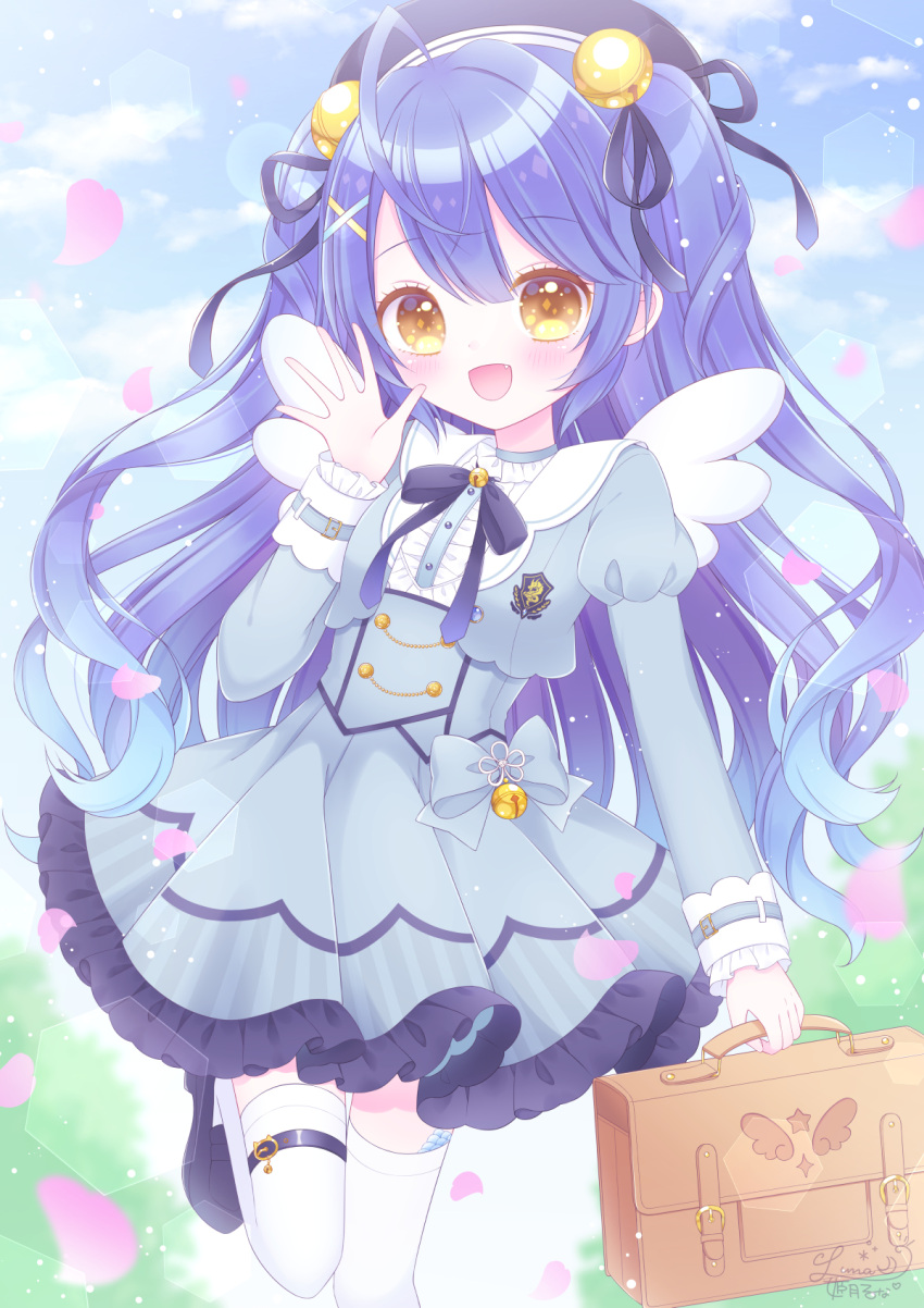 1girl :d amamiya_kokoro bell beret black_footwear black_headwear black_ribbon blue_hair blush brown_eyes center_frills commentary_request cropped_jacket fang frilled_skirt frills grey_jacket grey_skirt hair_bell hair_ornament hair_ribbon hairclip hand_up hat highres himetsuki_luna jacket jingle_bell juliet_sleeves long_hair long_sleeves looking_at_viewer nijisanji open_mouth pleated_skirt puffy_sleeves ribbon school_briefcase shirt shoes skirt smile solo standing standing_on_one_leg thigh-highs two_side_up very_long_hair virtual_youtuber white_legwear white_shirt x_hair_ornament