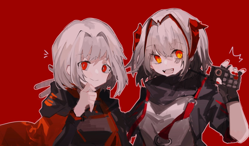 2girls :d arknights bright_pupils cape crossover eyebrows_visible_through_hair eyes_visible_through_hair fingerless_gloves gloves hair_intakes he_(minty) holding horns lobotomy_corporation long_sleeves looking_at_viewer multicolored_hair multiple_girls myo_(lobotomy_corporation) open_mouth orange_eyes rabbit_team red_background red_eyes red_nails redhead short_hair silver_hair simple_background smile trait_connection two-tone_hair upper_body w_(arknights) white_pupils