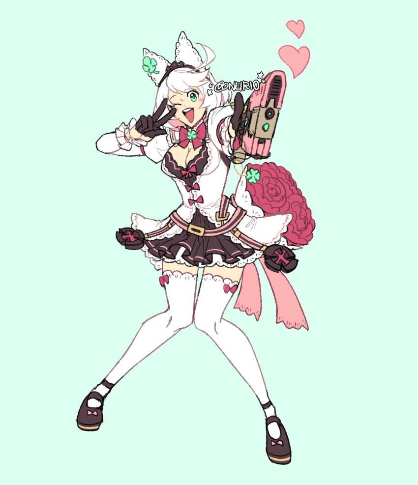 1girl alternate_costume animal_ears aqua_background bouquet clover elphelt_valentine fake_animal_ears flower four-leaf_clover gloves guilty_gear gun highres oneirio pleated_skirt rose short_hair skirt thigh-highs weapon white_hair white_legwear zettai_ryouiki