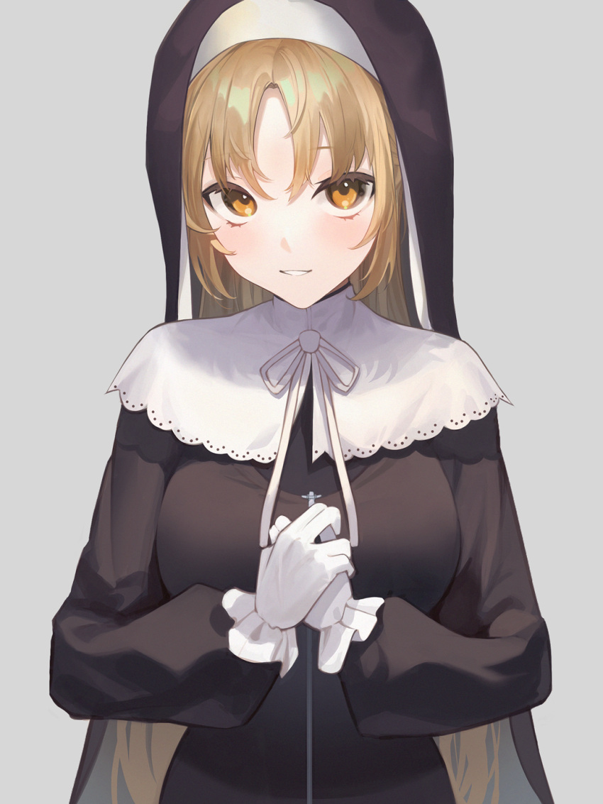 1girl bangs black_dress blonde_hair breasts brown_eyes capelet commentary dress gloves grey_background habit hair_between_eyes hands_up highres large_breasts long_hair long_sleeves looking_at_viewer nijisanji nun own_hands_together parted_bangs parted_lips puffy_long_sleeves puffy_sleeves ribbon simple_background sister_cleaire smile solo upper_body virtual_youtuber white_capelet white_gloves white_ribbon yaye