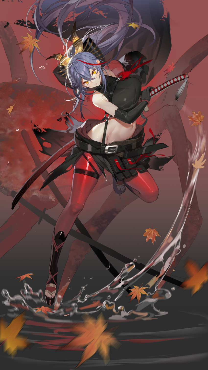 1girl absurdres akafuyu_(arknights) arknights bahao_diqiu bangs belt black_background black_belt black_shirt breasts brown_eyes crab crop_top full_body gradient gradient_background hair_between_eyes highres holding holding_sword holding_weapon katana long_hair looking_at_viewer medium_breasts midriff navel over_shoulder pantyhose parted_lips purple_hair red_background red_legwear scabbard sheath shirt solo standing standing_on_one_leg sword weapon