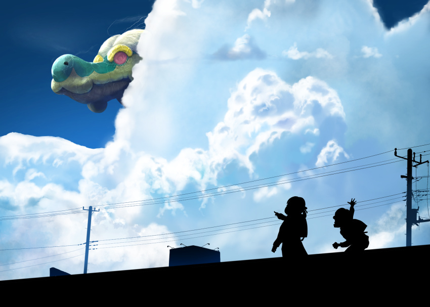 arm_up backpack bag closed_mouth clouds commentary_request cosmo_(465lilia) cumulonimbus_cloud day drampa from_below gen_7_pokemon giant giant_monster highres outdoors peeking_out pointing pokemon pokemon_(creature) power_lines silhouette sky utility_pole