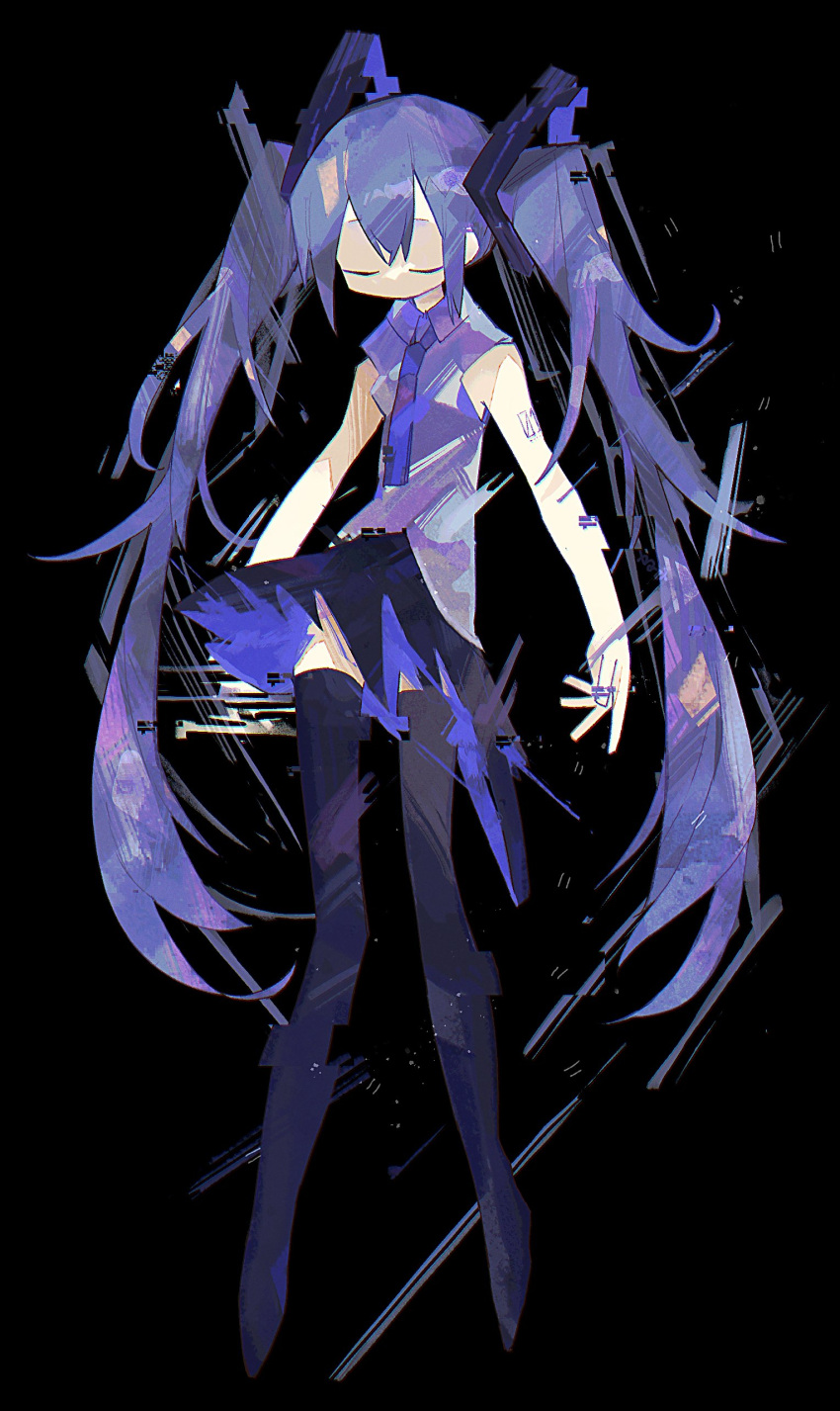 1girl absurdres arms_at_sides bare_arms belt black_background black_belt black_legwear black_skirt blue_hair blue_neckwear breasts chromatic_aberration closed_eyes collared_shirt dissolving expressionless facing_viewer full_body glitch hair_between_eyes hatsune_miku head_down highres impressionism legs_apart long_hair mamimu_(ko_cha_22) muted_color necktie no_mouth no_nose number_tattoo shirt shoulder_tattoo simple_background skirt sleeveless sleeveless_shirt small_breasts solo tattoo thigh-highs tie_clip twintails two-sided_fabric two-sided_skirt very_long_hair vocaloid zettai_ryouiki