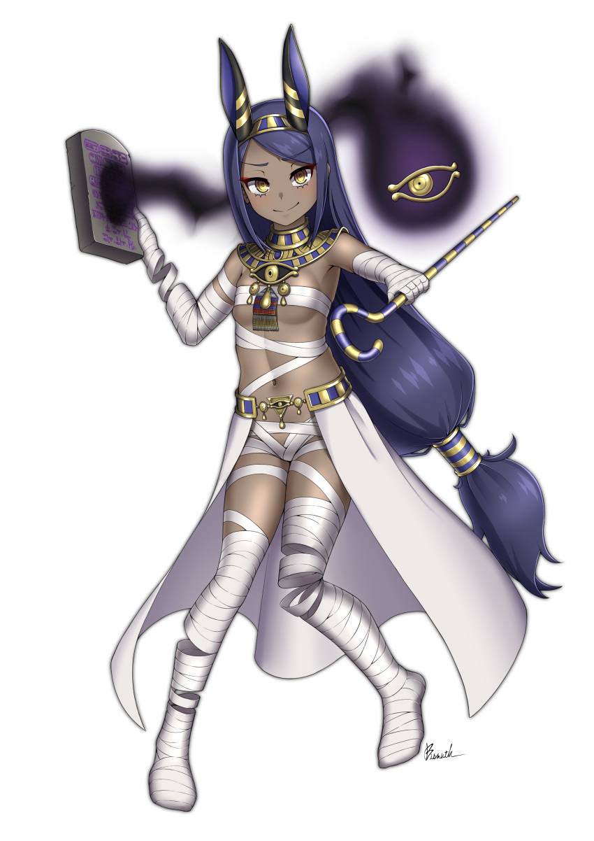 1girl absurdres animal_ear_headwear animal_ears bandages blue_hair breasts dark-skinned_female dark_skin egyptian eyebrows_visible_through_hair fake_animal_ears full_body ghost gold hairband hieroglyphics highres long_hair looking_at_viewer monster_girl mummy original paravene signature skindentation small_breasts smile solo stone_tablet very_long_hair white_background yellow_eyes