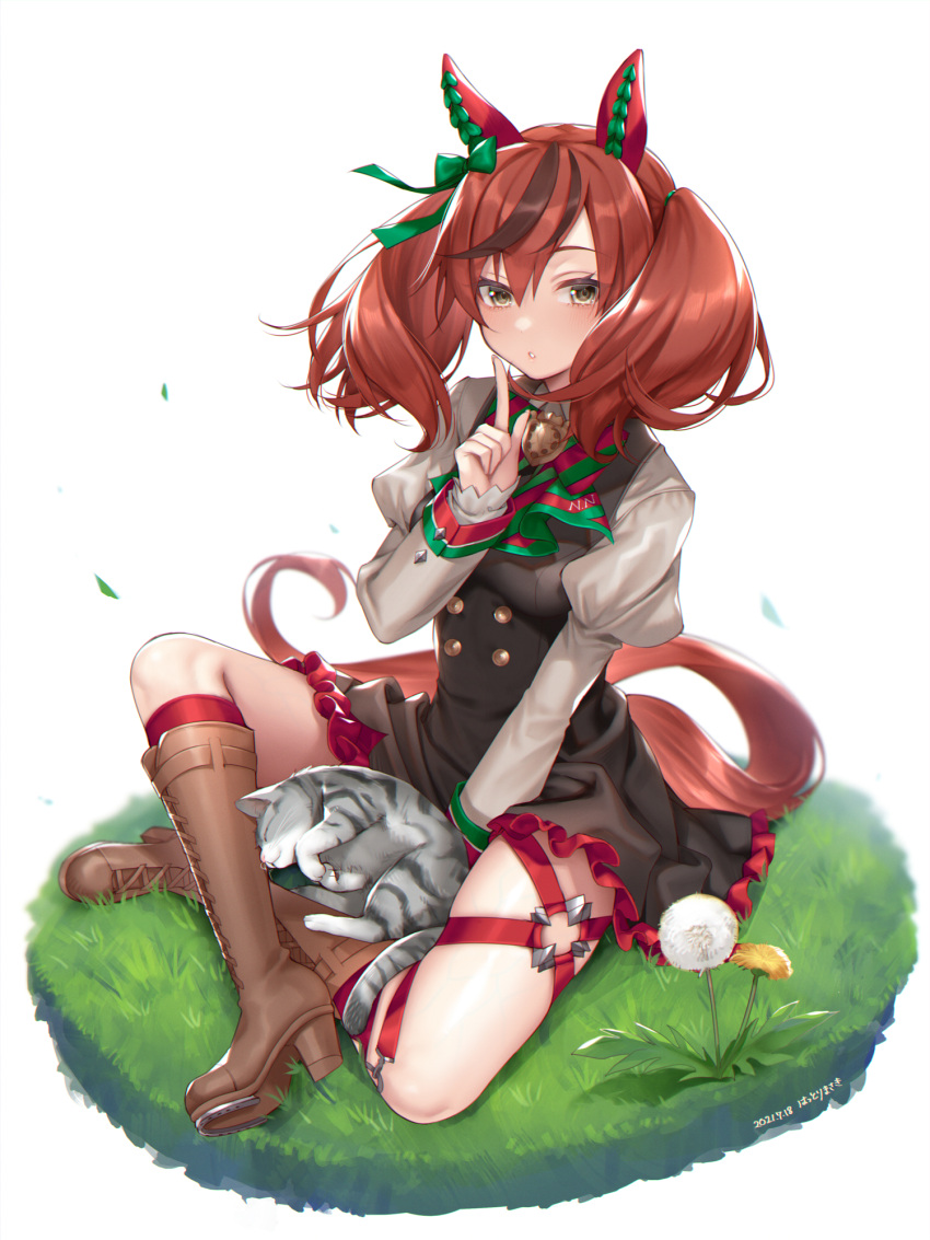 1girl animal animal_ears black_dress blush boots bow bowtie brown_footwear brown_hair cat clothes_writing dress finger_to_mouth hattori_masaki highres horse_ears horse_girl horse_tail index_finger_raised juliet_sleeves knee_boots long_hair long_sleeves nice_nature_(umamusume) parted_lips puffy_sleeves redhead shirt shushing solo striped striped_bow striped_neckwear tail two_side_up umamusume white_shirt yellow_eyes