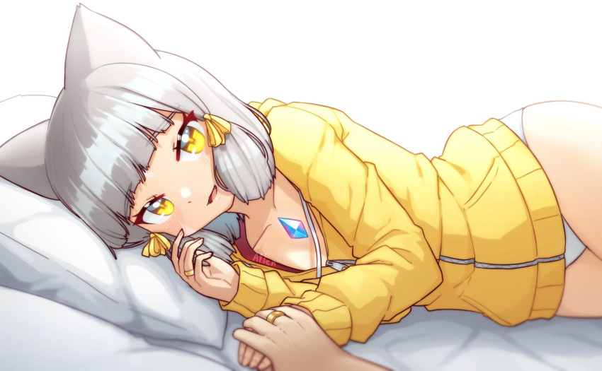 1girl alten animal_ears bangs bed blunt_bangs cat_ears chest_jewel facial_mark highres jewelry nia_(xenoblade) on_bed out_of_frame panties ring short_hair silver_hair underwear xenoblade_chronicles_(series) xenoblade_chronicles_2 yellow_eyes