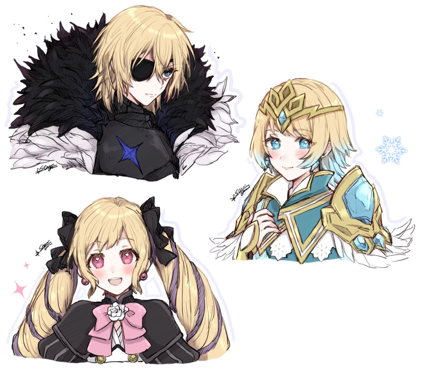 1boy 2girls armor bangs black_armor black_dress black_eyepatch black_eyes black_ribbon blonde_hair blue_dress blue_eyes blue_hair blush bow bowtie cape closed_mouth commentary_request dimitri_alexandre_blaiddyd dress drill_hair earrings elise_(fire_emblem) eyebrows_visible_through_hair eyepatch feather_trim fingernails fire_emblem fire_emblem:_three_houses fire_emblem_fates fire_emblem_heroes fjorm_(fire_emblem) flower fur-trimmed_cape fur_trim gradient_hair hair_between_eyes hair_ornament hair_ribbon hand_on_own_chest highres jewelry long_hair looking_at_viewer looking_away misato_hao multicolored_hair multiple_girls open_mouth pink_bow pink_eyes pink_neckwear ribbon short_hair signature simple_background smile snowflakes tiara twin_drills twintails two-tone_hair white_background white_flower