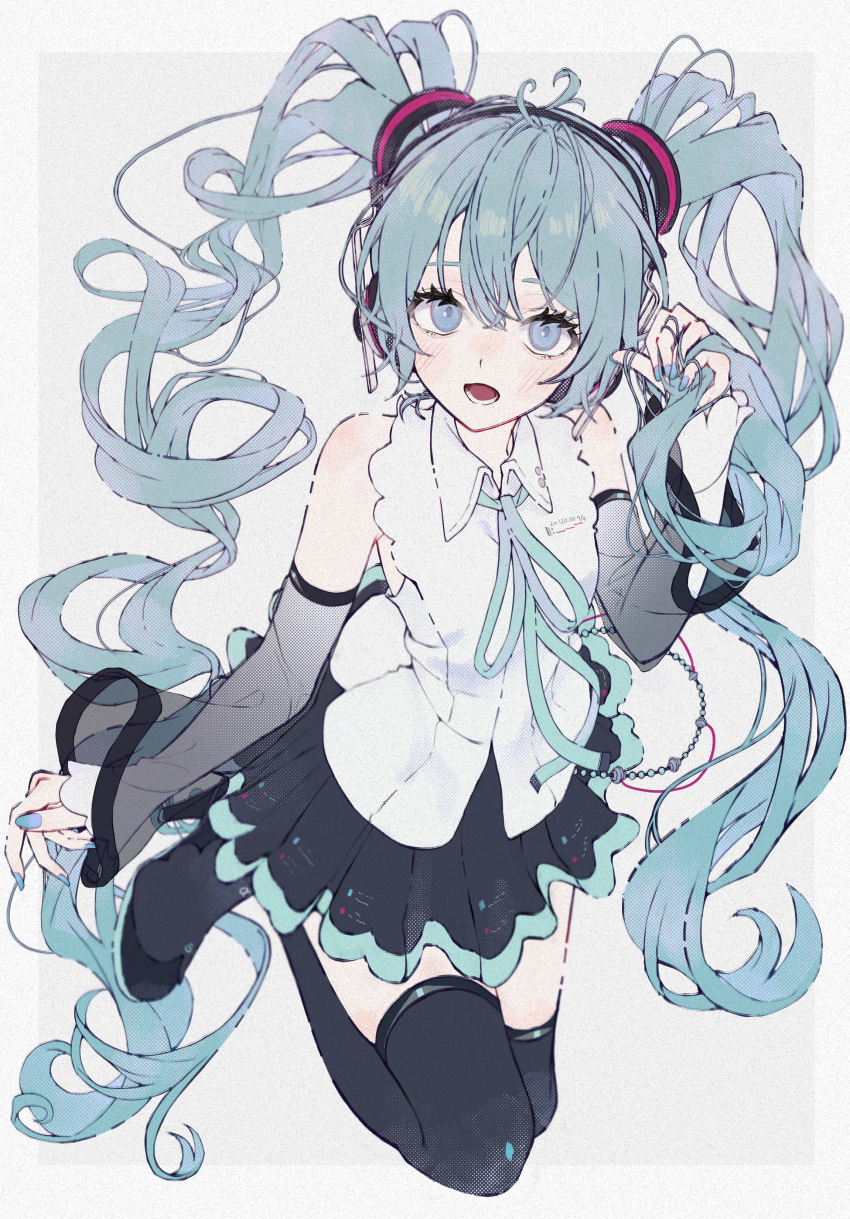 1girl absurdres amino_(li0a4) aqua_eyes aqua_hair aqua_nails aqua_neckwear aqua_ribbon bangs black_footwear black_legwear black_skirt blush boots commentary detached_sleeves hair_between_eyes hair_ornament hatsune_miku hatsune_miku_(nt) headphones highres holding holding_hair huge_filesize long_hair looking_at_viewer nail_polish neck_ribbon open_mouth piapro pleated_skirt ribbon shirt simple_background skirt sleeveless sleeveless_shirt smile solo thigh-highs thigh_boots twintails very_long_hair vocaloid white_shirt zettai_ryouiki