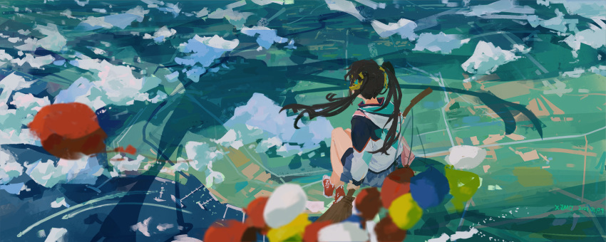 1girl above_clouds artist_name balloon bare_legs black_jacket blue_skirt boat broom broom_riding brown_hair clouds commentary_request dated dock facing_away from_behind hair_ribbon highres jacket long_hair midair ocean original outdoors pleated_skirt red_footwear ribbon scenery shoes skirt sneakers solo watercraft white_jacket wide_shot xilmo yellow_ribbon
