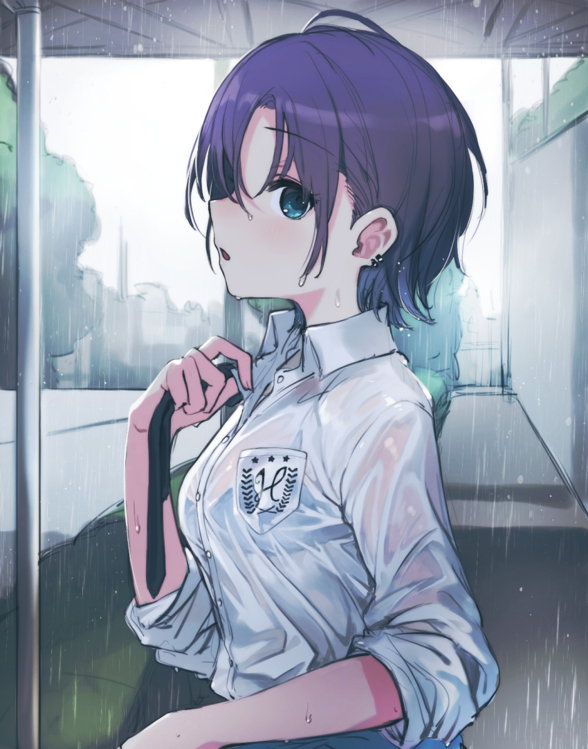 1girl asakura_tooru bra_through_clothes bralines breasts ear_piercing highres idolmaster idolmaster_shiny_colors looking_at_viewer medium_breasts necktie necktie_removed open_collar outdoors piercing profile purple_hair rain school_uniform see-through shirt short_hair signalviolet sleeves_pushed_up solo upper_body water_drop wet wet_clothes wet_shirt