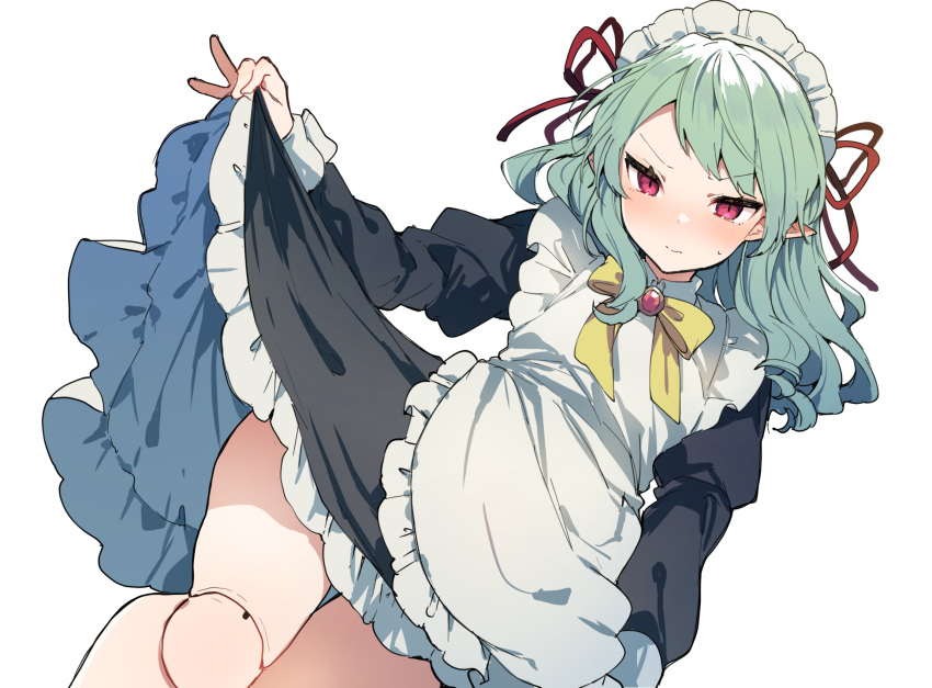 1girl apron aqua_hair bangs black_dress blush bow bowtie closed_mouth doll_joints dress eyebrows_visible_through_hair hair_ribbon highres ikeuchi_tanuma joints long_hair long_sleeves maid maid_headdress original pointy_ears red_eyes ribbon simple_background skirt_hold solo sweat twitter_username white_apron white_background yellow_neckwear