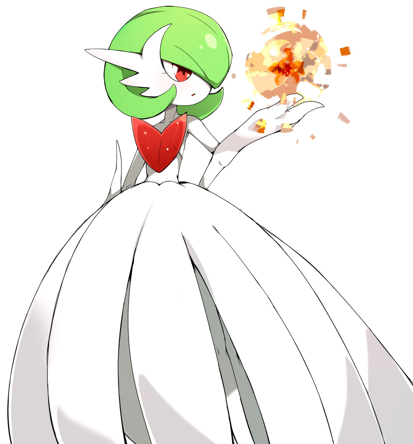 1girl absurdres bangs bare_shoulders blush bob_cut colored_skin commentary_request dress elbow_gloves fire flat_chest gardevoir gen_3_pokemon gloves green_hair hair_over_one_eye hand_up highres light_blush mega_gardevoir mega_pokemon open_mouth pokemon pokemon_(creature) pyrokinesis red_eyes senju_(snz0) shiny shiny_hair short_hair sideways_mouth simple_background solo standing strapless strapless_dress white_background white_dress white_gloves white_skin