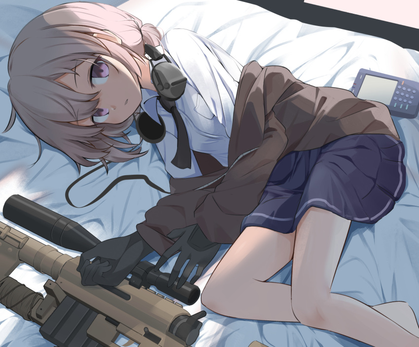 1girl barefoot bed bed_sheet black_gloves blue_skirt bolt_action brown_hair brown_jacket calculator cheytac_m200 ear_protection earmuffs earmuffs_around_neck girls_frontline gloves gun highres holding holding_gun holding_weapon indoors jacket legs long_sleeves looking_at_viewer lying m200_(girls_frontline) ma40414 on_side open_mouth polo_shirt ponytail rifle shirt skirt sniper_rifle sunlight teeth violet_eyes weapon white_shirt