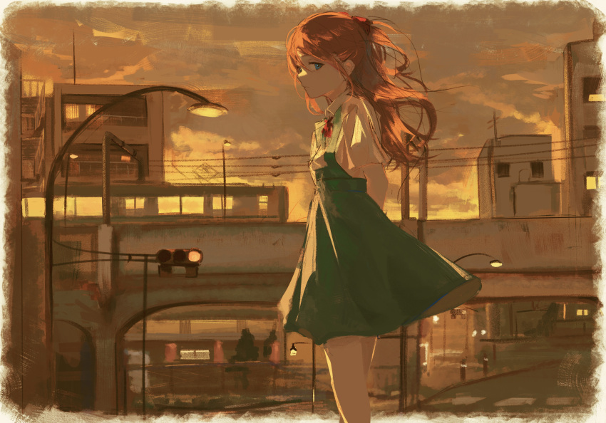 1girl 7ife absurdres arms_behind_back blouse blue_eyes bow bridge building city closed_mouth clouds cloudy_sky collared_blouse commentary dusk english_commentary feet_out_of_frame from_side green_skirt hair_bow highres lamppost long_hair looking_at_viewer neon_genesis_evangelion orange_hair outdoors profile red_bow red_neckwear short_sleeves skirt sky solo souryuu_asuka_langley sunset suspender_skirt suspenders tokyo-3_middle_school_uniform_(evangelion) traffic_light white_blouse