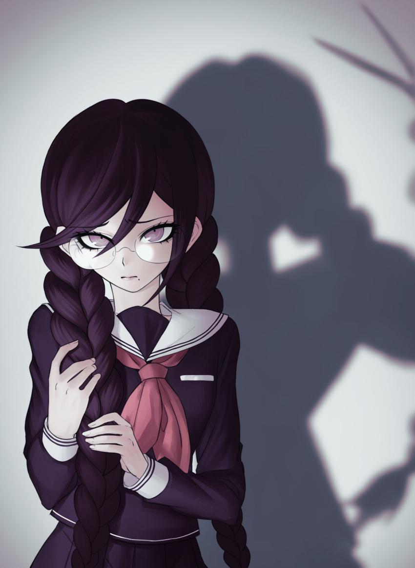 1girl absurdres bangs black_hair black_shirt black_skirt braid brown_hair commentary_request dangan_ronpa:_trigger_happy_havoc dangan_ronpa_(series) fukawa_touko genocider_shou glasses hair_over_shoulder hands_up highres holding holding_hair long_hair mole mole_under_mouth neckerchief pleated_skirt round_eyewear sailor_collar school_uniform scissors serafuku shadow shirt skirt solo ttegi_(ddeck_dg) twin_braids