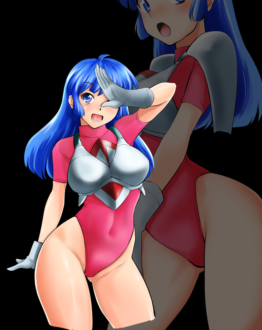 1girl absurdres black_background blue_eyes blue_hair burning_force commentary_request contrapposto covering_one_eye cowboy_shot cropped_legs gloves highleg highleg_leotard highres leotard long_hair multiple_views nanao_futaba open_mouth pink_leotard short_sleeves tengenji_hiromi white_gloves zoom_layer