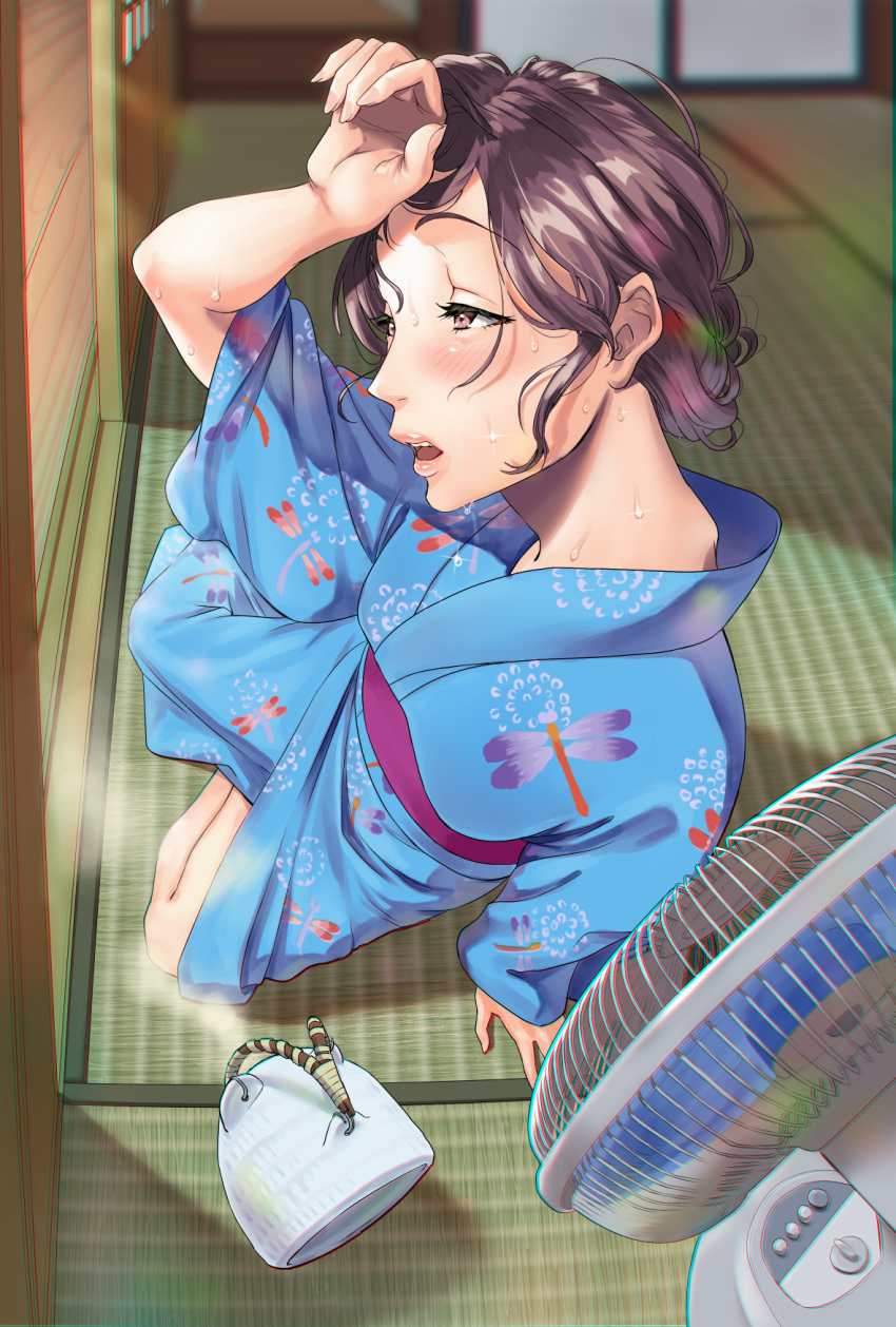1girl architecture blush brown_eyes brown_hair dripping east_asian_architecture electric_fan fan fisheye from_above highres hot japanese_clothes kimono messy_hair open_mouth original parted_lips saijo-m shouji sliding_doors sunlight sweat tatami wiping_forehead wiping_sweat yukata
