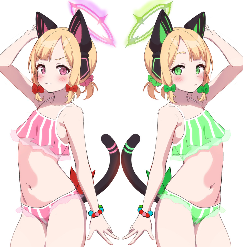 2girls absurdres arm_up blonde_hair blue_archive blush cat_ear_headphones cat_tail collarbone green_eyes hair_ribbon halo headphones highres looking_at_viewer multiple_girls navel pn_(wnsl216) red_eyes ribbon short_hair siblings smile swimsuit tail twins white_background