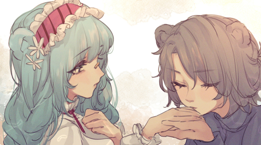 2girls absinthe_(arknights) animal_ears arknights bangs bear_ears black_shirt blue_hair brown_hair closed_eyes eyebrows_visible_through_hair feathers flower from_side hair_flower hair_ornament headdress istina_(arknights) kiss kissing_hand long_hair long_sleeves looking_at_another multiple_girls official_alternate_costume profile red_neckwear shirt short_hair upper_body white_flower ya_kexi yuri