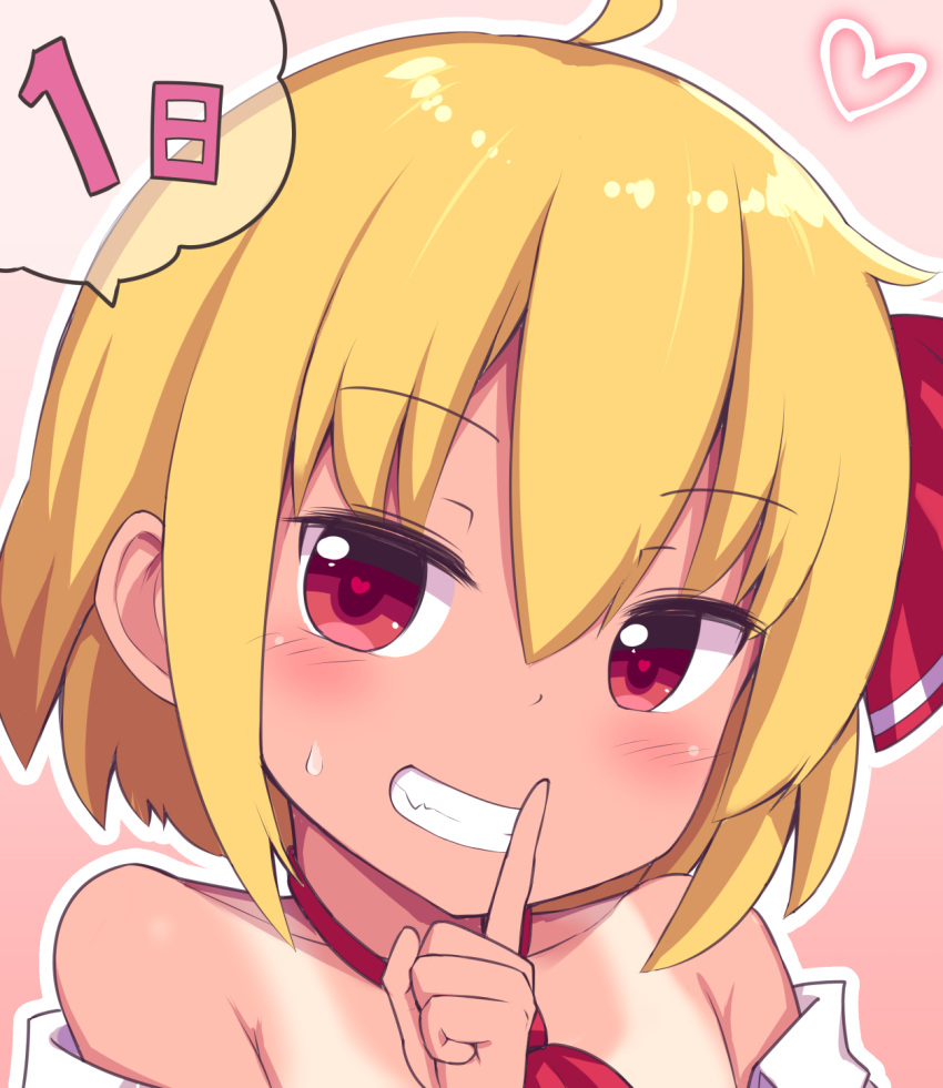 1girl bangs bare_shoulders blonde_hair blush closed_mouth clothes_lift eyebrows_visible_through_hair gradient gradient_background hair_between_eyes hair_ribbon hand_up heart highres looking_at_viewer number open_clothes open_shirt pink_background red_eyes red_neckwear red_ribbon ribbon rumia saisoku_no_yukkuri shirt shirt_lift short_hair short_sleeves simple_background smile solo tan teeth touhou white_shirt white_sleeves