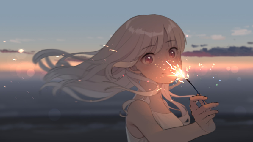1girl blurry fireworks guazi hair_blowing highres long_hair original outdoors red_eyes sky smile solo sparkler sparks twilight upper_body white_hair