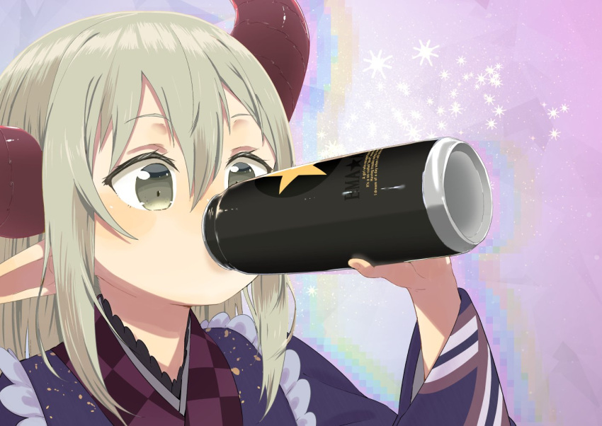 1girl alcohol beer_can blush can commentary_request curled_horns demon_girl demon_horns drinking emma_august frilled_kimono frills grey_eyes grey_hair hair_between_eyes holding holding_can horns japanese_clothes kimono long_hair long_sleeves nijisanji pointy_ears red_horns satsuyo solo sparkle_background upper_body virtual_youtuber