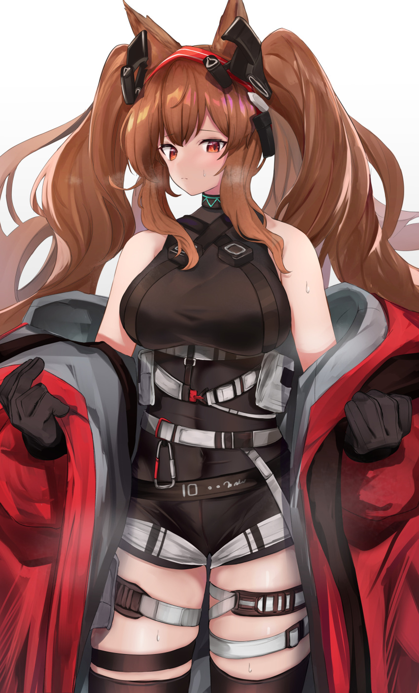 1girl absurdres angelina_(arknights) angelina_(distinguished_visitor)_(arknights) animal_ears arknights asumi_maboroshi bangs bare_shoulders belt black_leotard breasts brown_hair coat commentary_request cowboy_shot fox_ears hairband highres infection_monitor_(arknights) large_breasts leotard long_hair off_shoulder official_alternate_costume open_clothes open_coat red_coat red_eyes red_hairband sidelocks simple_background solo standing thigh_strap thighs twintails white_background white_belt