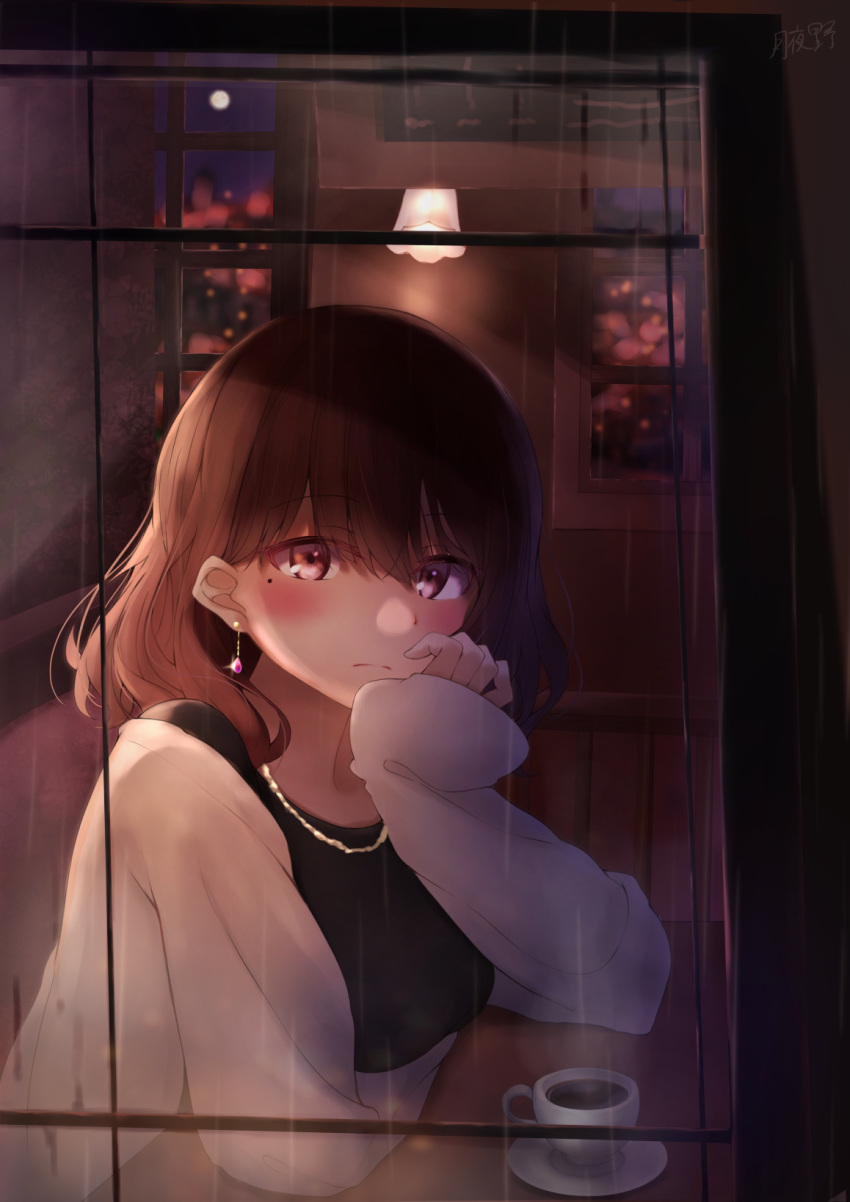 1girl bangs black_shirt blush brown_hair city commentary_request earrings eyebrows_visible_through_hair highres indoors jewelry looking_at_viewer looking_out_window mole mole_under_eye necklace original shirt solo sweater tsukiyono violet_eyes white_sweater window