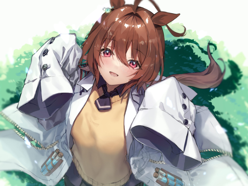 1girl agnes_tachyon_(umamusume) ahoge animal_ears bangs blush coat earrings eyebrows_visible_through_hair from_above grass highres horse_ears horse_girl horse_tail jewelry labcoat long_sleeves looking_at_viewer open_mouth picoli1313 pink_eyes short_hair single_earring sleeves_past_fingers sleeves_past_wrists solo sweater sweater_vest tail test_tube umamusume upper_body white_coat yellow_sweater