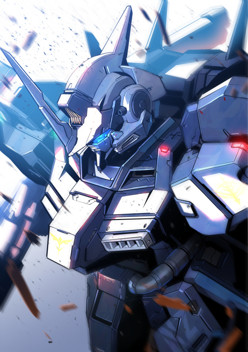 blue_eyes glowing glowing_eyes gundam highres horns kuri_giepi looking_down mecha mecha_request mobile_suit no_humans science_fiction single_horn solo upper_body