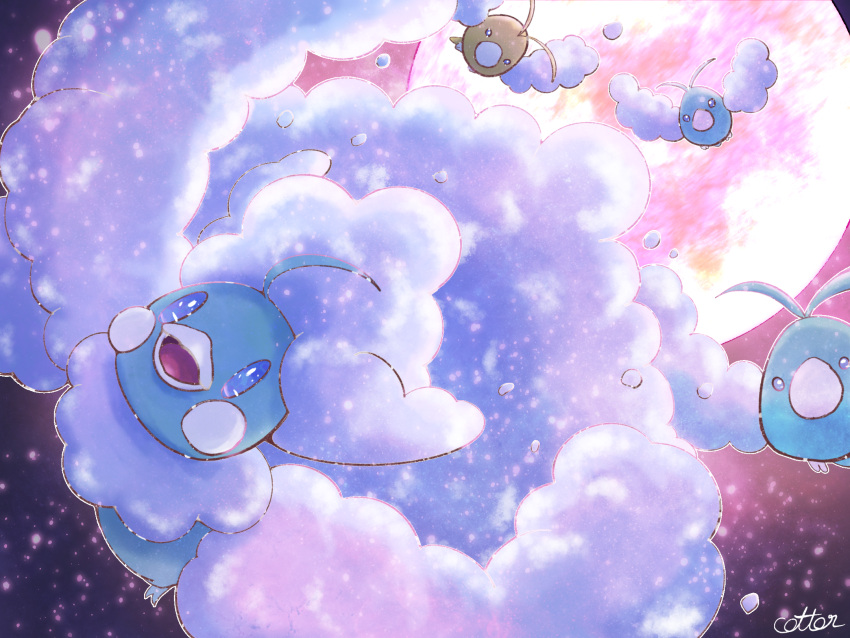 altaria alternate_color animal_focus artist_name backlighting blue_eyes blush_stickers commentary_request cotton_(watakusa) dutch_angle fluffy flying full_body gen_3_pokemon highres light_particles midair moon night no_humans open_mouth outdoors outline pokemon pokemon_(creature) red_moon shiny_pokemon signature swablu white_outline