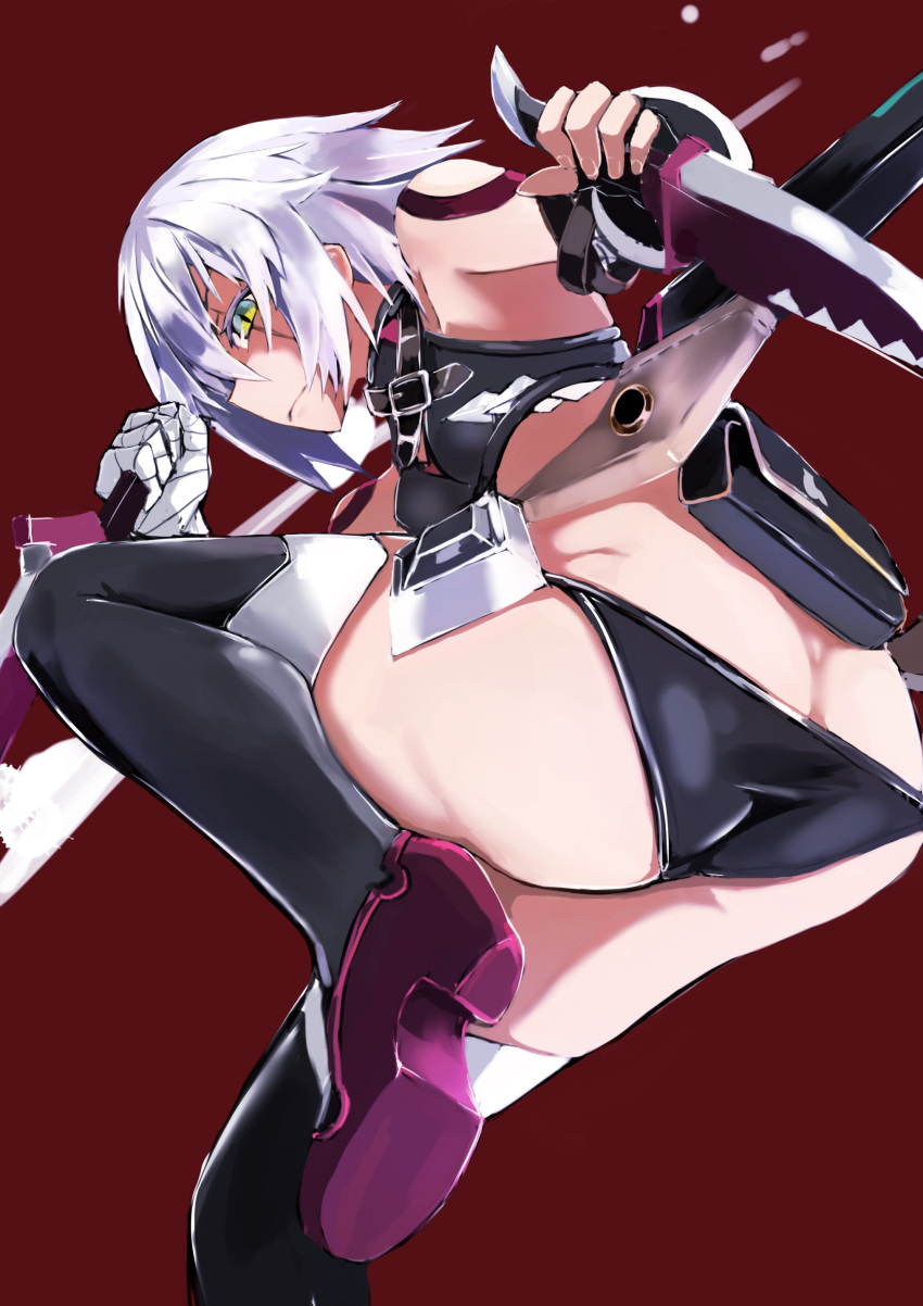 1girl absurdres ass bandaged_arm bandages bangs bare_shoulders black_legwear black_panties breasts eyebrows_visible_through_hair fate/apocrypha fate/grand_order fate_(series) from_behind green_eyes hair_between_eyes highres holding holding_knife holding_weapon jack_the_ripper_(fate/apocrypha) knife looking_at_viewer looking_back panties red_background scar scar_across_eye scar_on_face shoes shoulder_tattoo simple_background small_breasts solo tattoo thigh-highs underwear weapon yilan_un