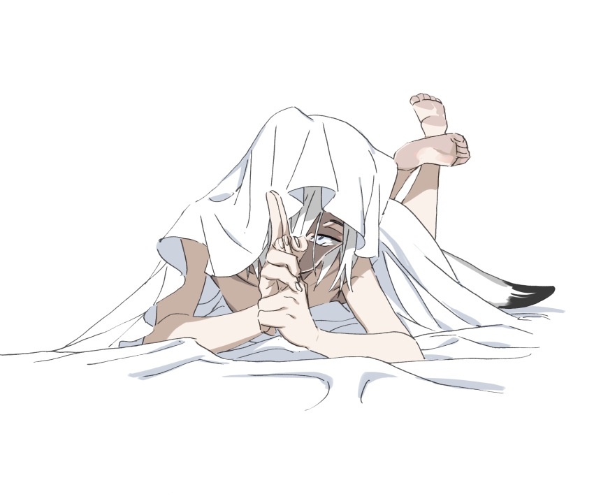 1girl arknights barefoot bed_sheet blue_eyes commentary_request feet finger_gun highres legs_up looking_at_viewer nude on_bed one_eye_covered own_hands_together shirayuki_(arknights) short_hair simple_background soles solo stoat_tail under_covers white_background white_hair yuyanshu13