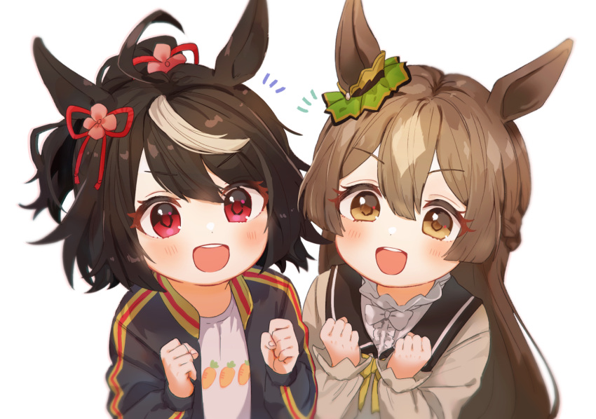 animal_ears bangs black_hair black_jacket black_neckwear blush bow carrot_print child clenched_hands commentary_request eyebrows_visible_through_hair food_print hair_ornament highres jacket kitasan_black light_brown_eyes light_brown_hair long_hair long_sleeves looking_at_viewer medium_hair mugita1x1 multicolored_hair neckerchief notice_lines red_eyes ribbon satono_diamond shirt sidelocks streaked_hair umamusume white_background white_bow white_shirt yellow_ribbon younger