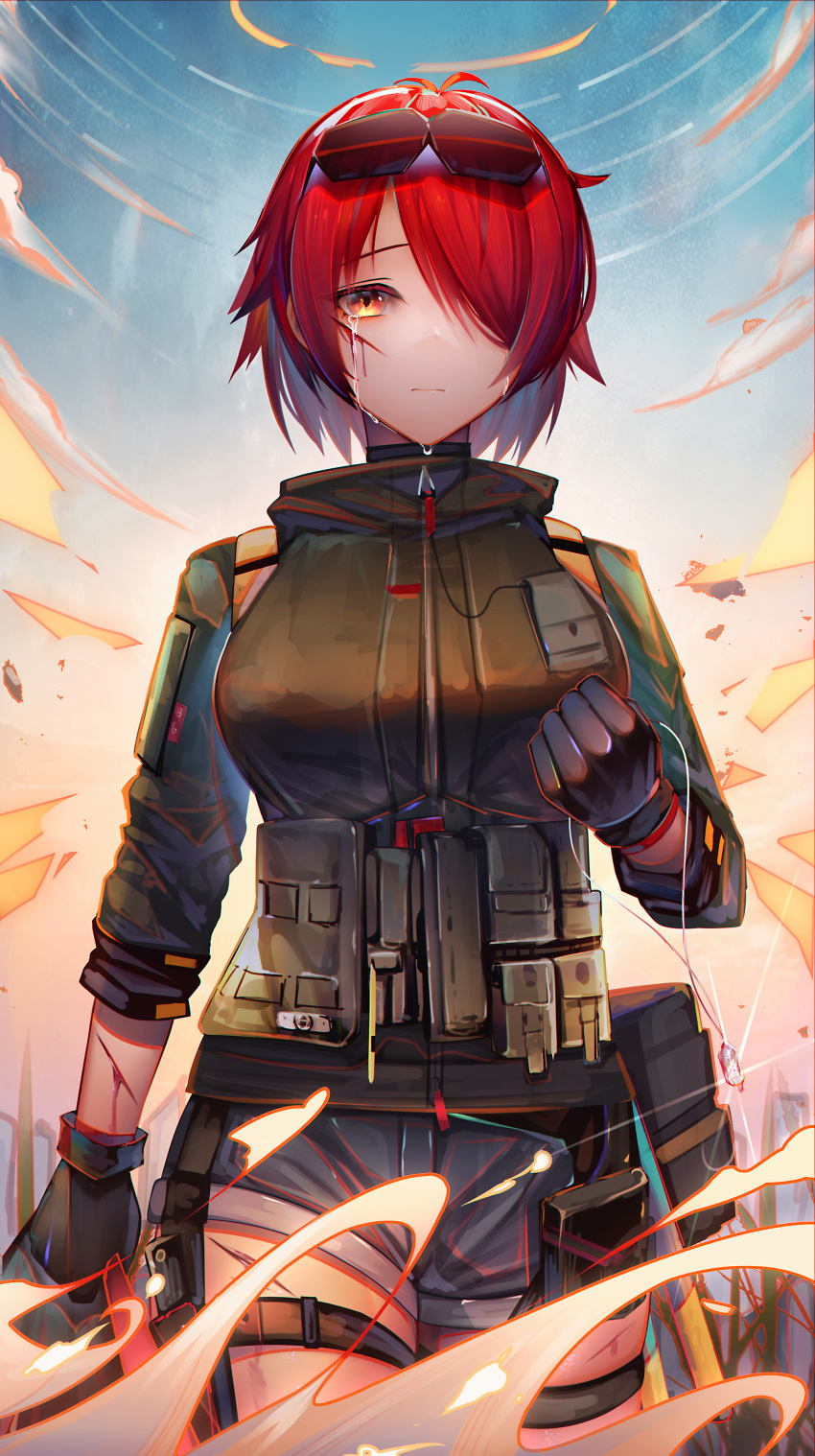 1girl absurdres arknights bangs bare_legs binggong_asylum black_gloves black_jacket crying crying_with_eyes_open dog_tags exusiai_(arknights) exusiai_(wild_operation)_(arknights) eyewear_on_head glint gloves grey_shorts hair_over_one_eye halo highres holding injury jacket looking_at_viewer official_alternate_costume orange_eyes redhead short_hair shorts solo sunglasses tactical_clothes tears
