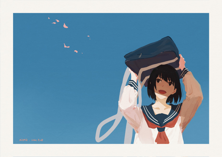 1girl artist_name bag bangs black_hair blouse blue_background blue_sailor_collar blue_sky border brown_eyes collarbone commentary_request dated day falling_petals hands_up highres long_sleeves neckerchief open_mouth original outdoors petals red_neckwear sailor_collar school_bag school_uniform serafuku short_hair sky smile solo upper_body white_blouse white_border xilmo