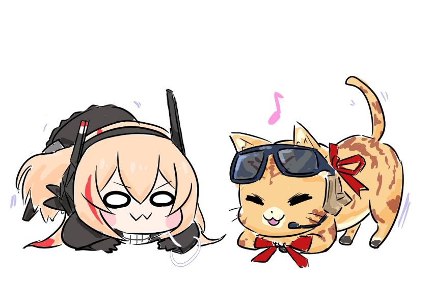 2girls :3 all_fours animal_ears bangs black_jacket blonde_hair blush_stickers cat cat_ears cat_tail chibi chika_(keiin) closed_eyes closed_mouth commentary_request eyebrows_visible_through_hair eyewear_on_head girls_frontline gloves hair_between_eyes hair_ornament headgear jacket kalinya long_hair long_sleeves m4_sopmod_ii_jr motion_lines multicolored_hair multiple_girls musical_note open_mouth red_ribbon redhead ribbon simple_background smile streaked_hair sunglasses tail white_background