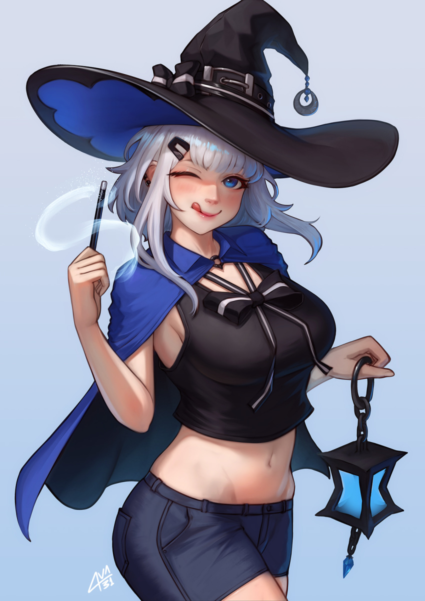 1girl ;q ava_(ava31) bangs bare_arms black_bow black_shirt blue_cape blue_eyes blue_shorts bow bowtie breasts cape commentary cowboy_shot earrings grey_background grey_hair hair_ornament hairclip hand_up hat highres holding_lamp jewelry large_breasts midriff navel one_eye_closed original shiny shiny_hair shirt shorts sleeveless sleeveless_shirt solo stomach tongue tongue_out two-tone_bow wand white_bow witch_hat