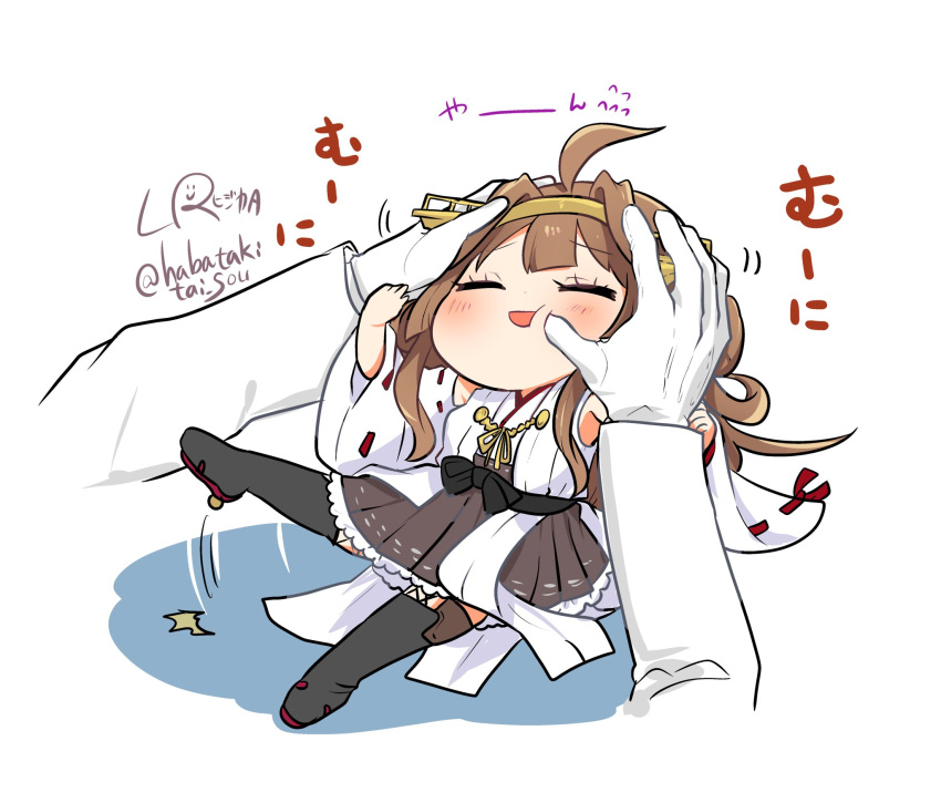 1girl 1other ahoge artist_logo boots brown_hair brown_skirt chibi closed_eyes commentary_request detached_sleeves double_bun hairband hakama_skirt hands_on_another's_head headgear highres japanese_clothes kantai_collection kongou_(kancolle) long_hair lr_hijikata minigirl ribbon-trimmed_sleeves ribbon_trim simple_background skirt thigh-highs thigh_boots twitter_username white_background