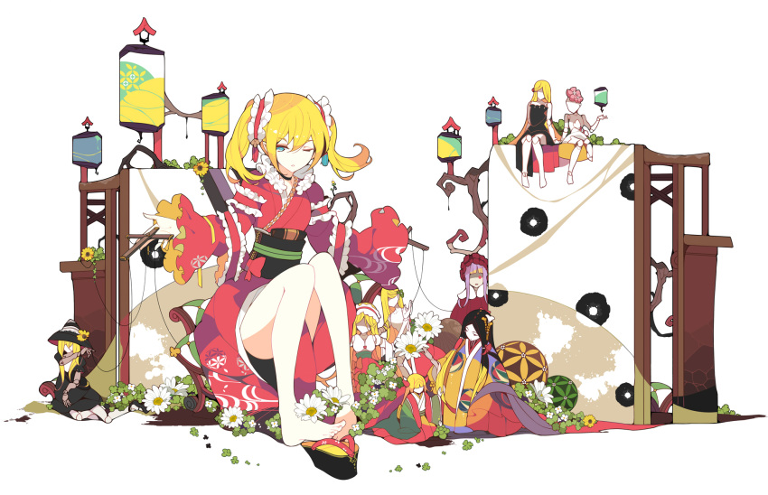 alice_margatroid alternate_costume alternate_hairstyle bare_shoulders blonde_hair blue_eyes doll flower highres ideolo japanese_clothes kimono obi puppet sash sitting spread_legs tagme thighs touhou twintails white_background