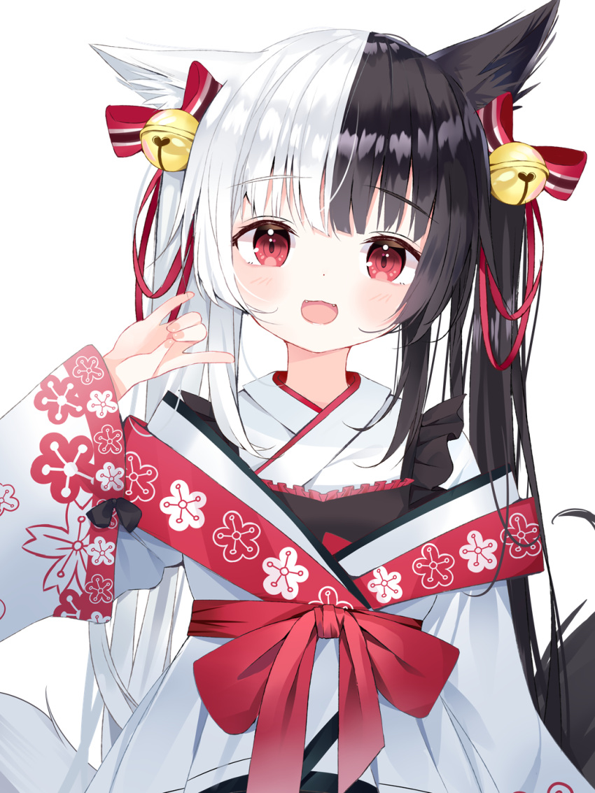 1girl :d \m/ alice_mana alice_mana_channel animal_ear_fluff animal_ears bangs bell black_hair blush bow deyui eyebrows_visible_through_hair fangs hair_bell hair_bow hair_ornament hand_up heart highres japanese_clothes jingle_bell kimono long_hair looking_at_viewer multicolored_hair open_mouth red_bow red_eyes simple_background smile solo striped striped_bow tail twintails two-tone_hair very_long_hair virtual_youtuber white_background white_hair white_kimono