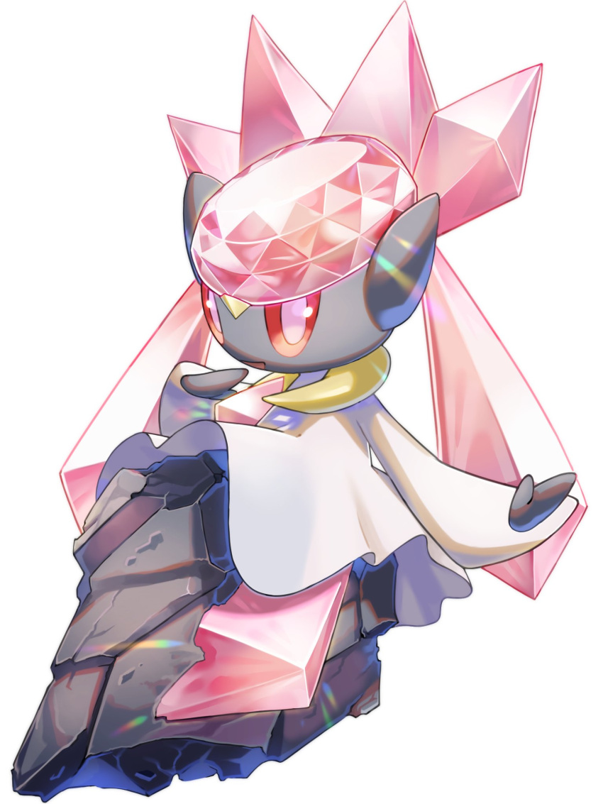 commentary_request diancie full_body gen_6_pokemon hand_up highres looking_at_viewer mian_(3zandora) mythical_pokemon no_humans open_mouth outstretched_arm pokemon pokemon_(creature) simple_background smile solo white_background