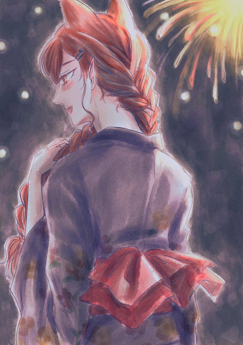 1girl azazel_ameri braid fireworks hachicoro93 hair_horns hair_ornament hair_over_shoulder hairclip hand_up highres japanese_clothes kimono long_braid long_hair mairimashita!_iruma-kun night night_sky open_mouth outdoors pointy_ears red_eyes redhead sky solo standing yukata