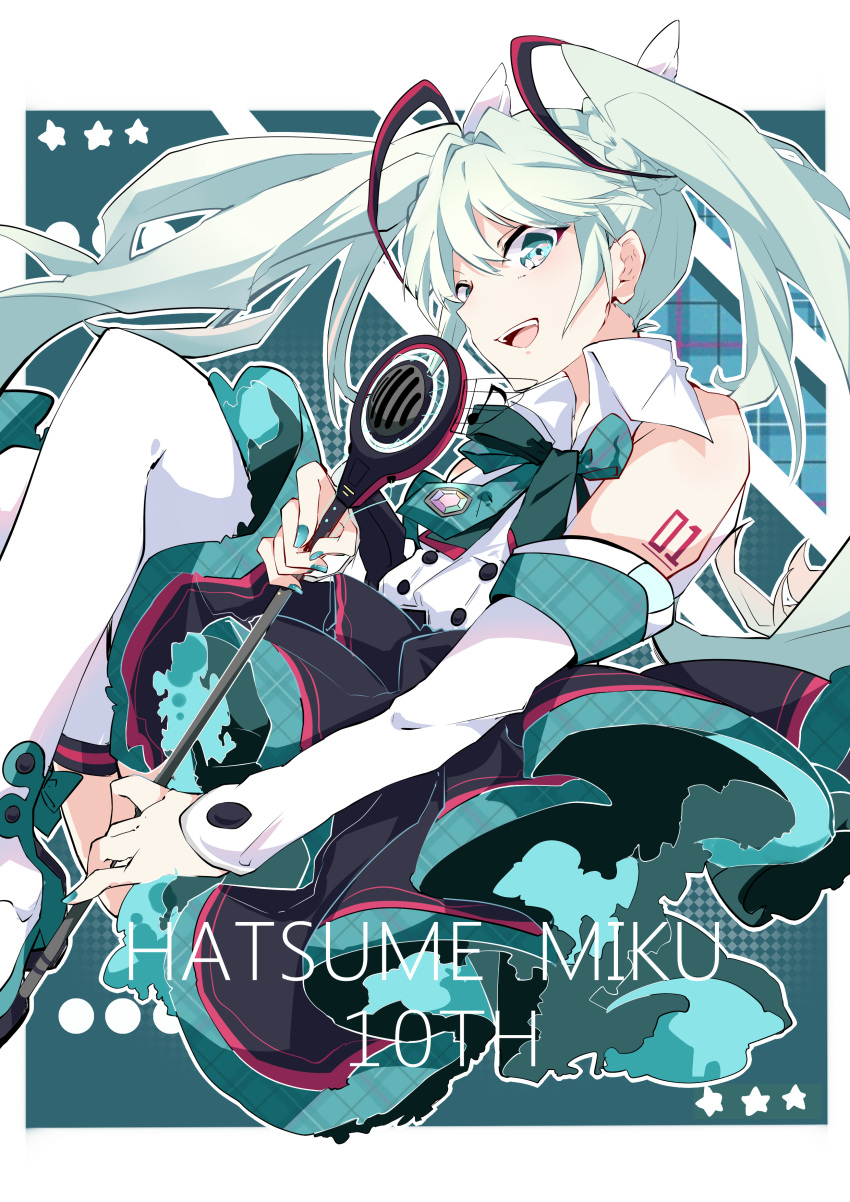 1girl absurdres aqua_eyes aqua_hair buttons character_name crypton_future_media detached_sleeves double-breasted hatsune_miku highres long_hair looking_at_viewer midou_(grk12138) necktie open_mouth piapro skirt sleeveless solo twintails vocaloid white_legwear white_sleeves