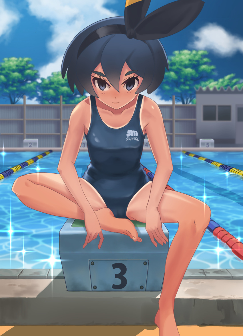 1girl alternate_costume alternate_hair_color bangs bare_arms bare_legs barefoot bea_(pokemon) black_hairband bow_hairband closed_mouth clouds collarbone commentary_request day eyelashes grey_eyes grey_swimsuit hair_between_eyes hairband highres knees lane_line legs looking_at_viewer niwa_tuki number one-piece_swimsuit outdoors pokemon pokemon_(game) pokemon_swsh pool shiny shiny_skin short_hair sitting sky smile solo sparkle spread_legs swimsuit toes water